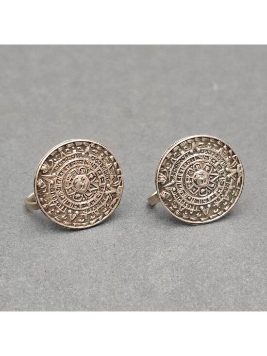 Far Fan Jewelry - Vintage Taxco Far Fan Sterling Silver Aztec Sun Stone Earrings .75" Screw Back